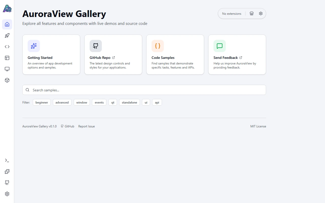 Existing AuroraView Gallery sample showing navigation, getting-started links, code samples, and sample search.