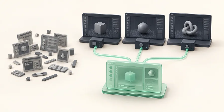 Concept illustration contrasting repeated interface fragments with one web interface connected to separate native host bridges.