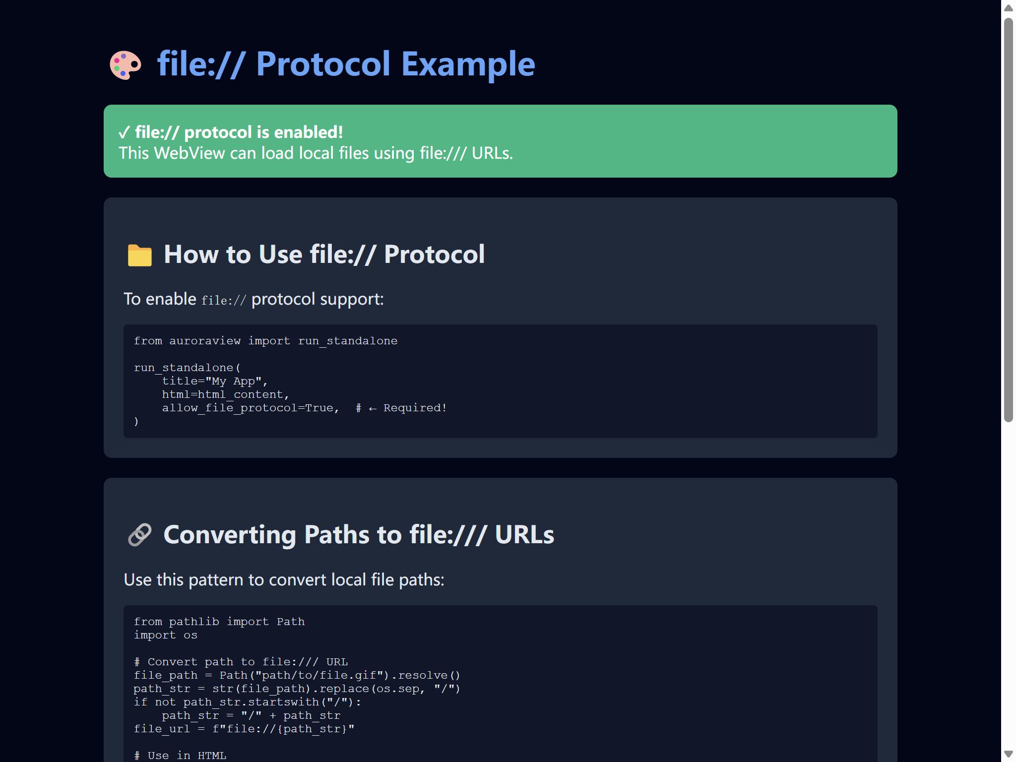 Example: Loading HTML with local assets using file:// protocol